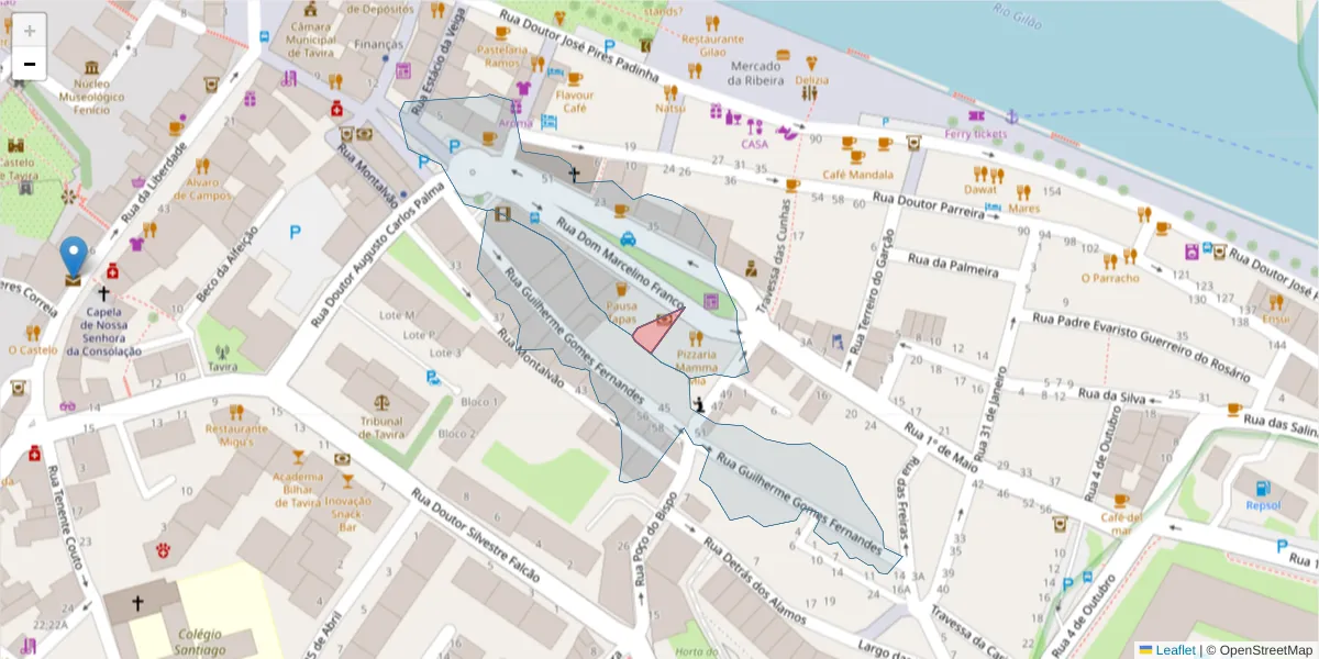 Mapa detalhado do código postal 8800-005 com limites, códigos postais vizinhos e agências dos correios