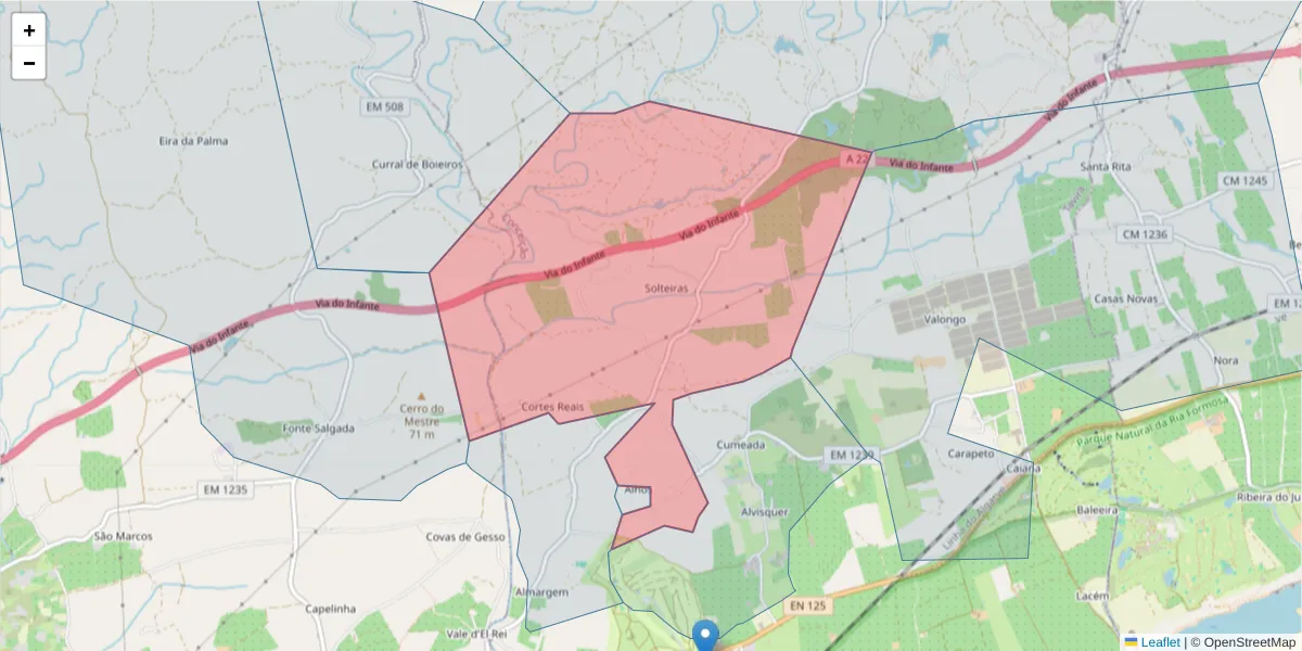 Mapa detalhado do código postal 8800-052 com limites, códigos postais vizinhos e agências dos correios