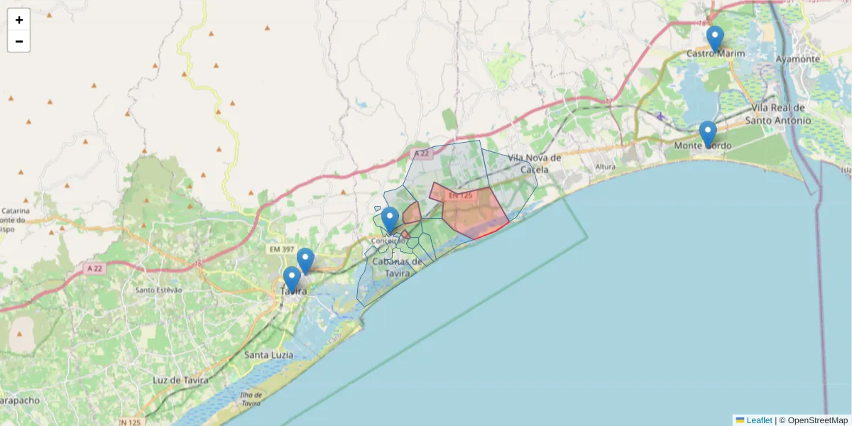 Mapa detalhado do código postal 8800-058 com limites, códigos postais vizinhos e agências dos correios