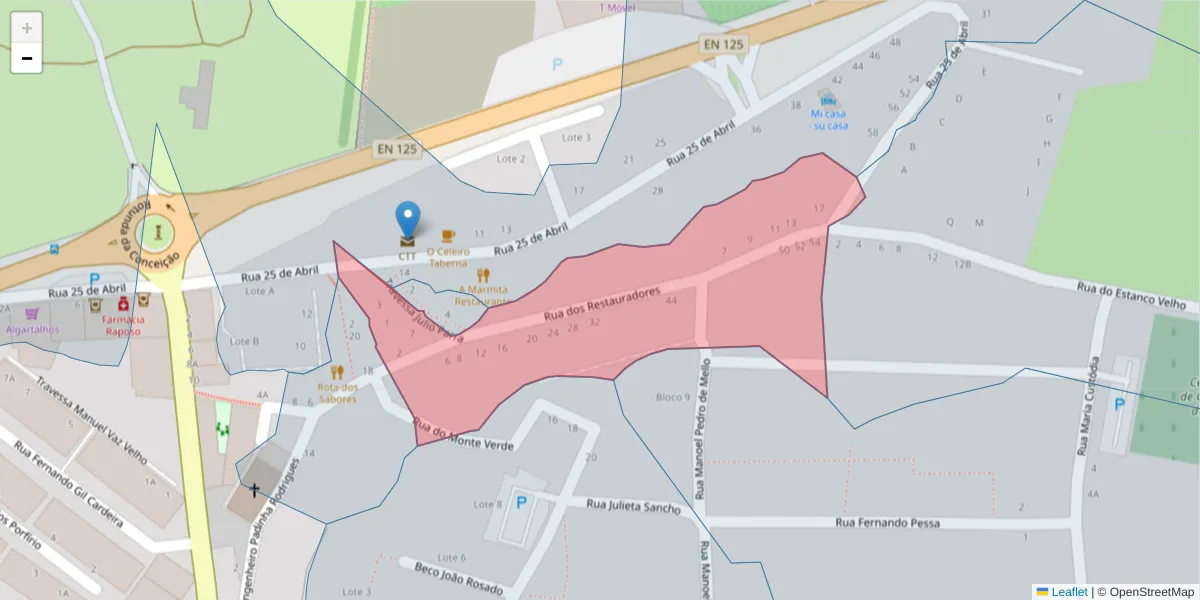 Mapa detalhado do código postal 8800-060 com limites, códigos postais vizinhos e agências dos correios