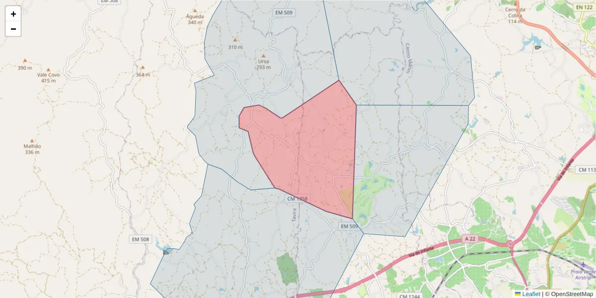 Mapa detalhado do código postal 8800-062 com limites, códigos postais vizinhos e agências dos correios