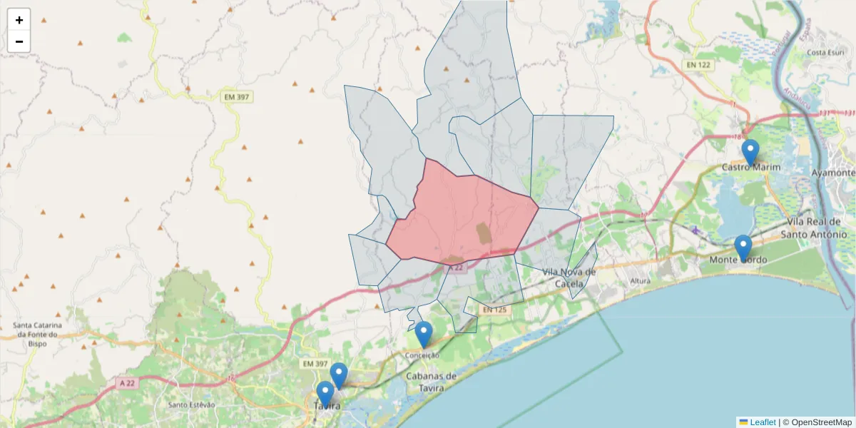 Mapa detalhado do código postal 8800-063 com limites, códigos postais vizinhos e agências dos correios
