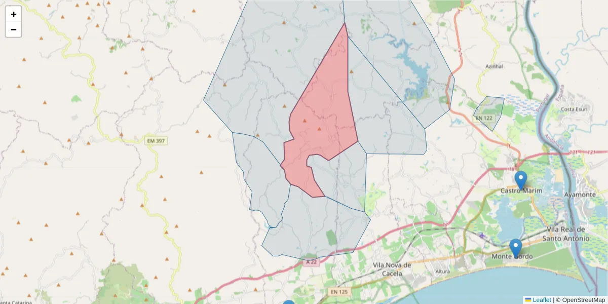 Mapa detalhado do código postal 8800-064 com limites, códigos postais vizinhos e agências dos correios