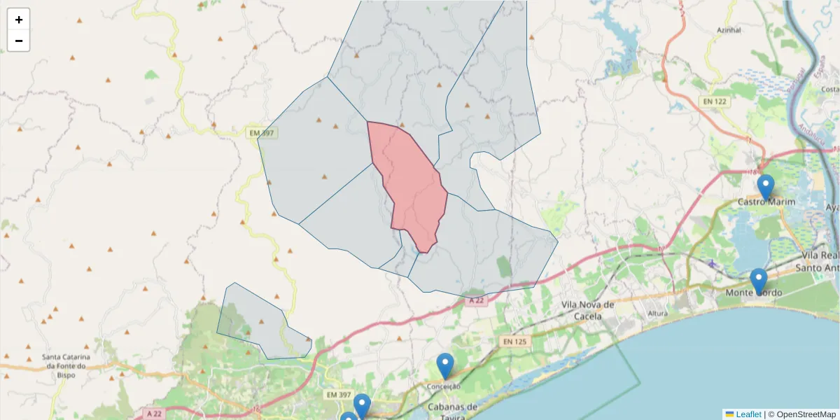 Mapa detalhado do código postal 8800-071 com limites, códigos postais vizinhos e agências dos correios