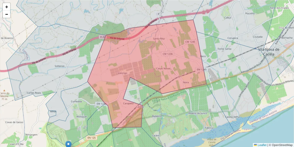 Mapa detalhado do código postal 8800-072 com limites, códigos postais vizinhos e agências dos correios