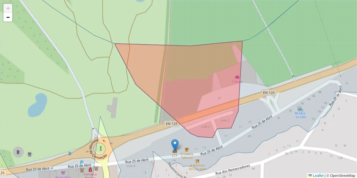 Mapa detalhado do código postal 8800-074 com limites, códigos postais vizinhos e agências dos correios