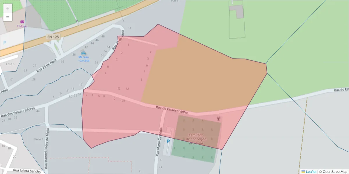 Mapa detalhado do código postal 8800-075 com limites, códigos postais vizinhos e agências dos correios