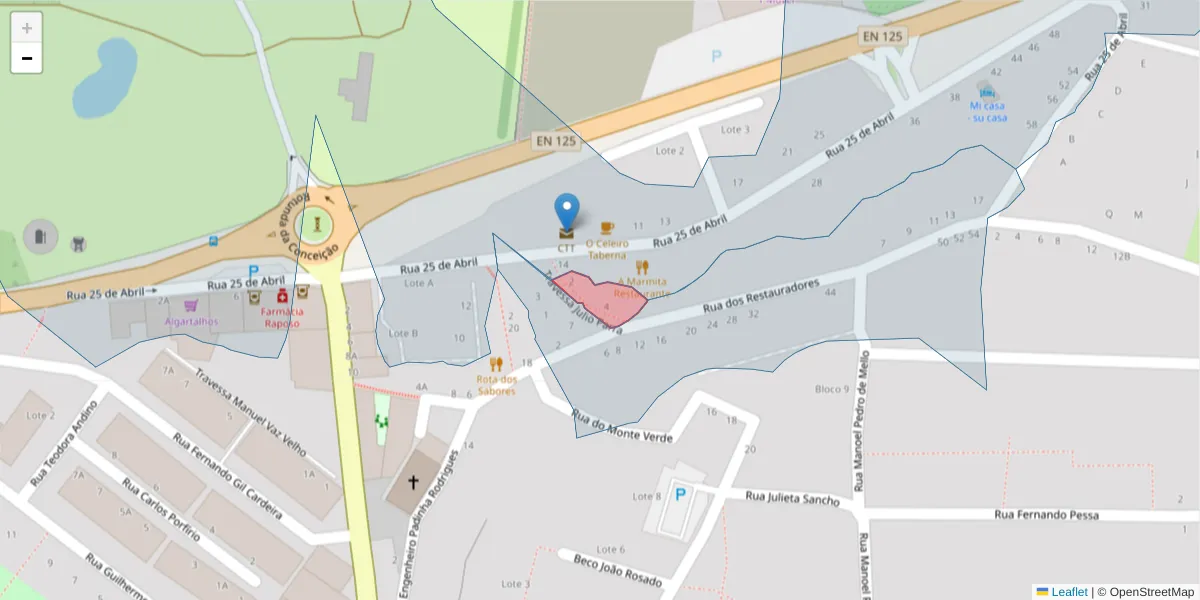 Mapa detalhado do código postal 8800-076 com limites, códigos postais vizinhos e agências dos correios