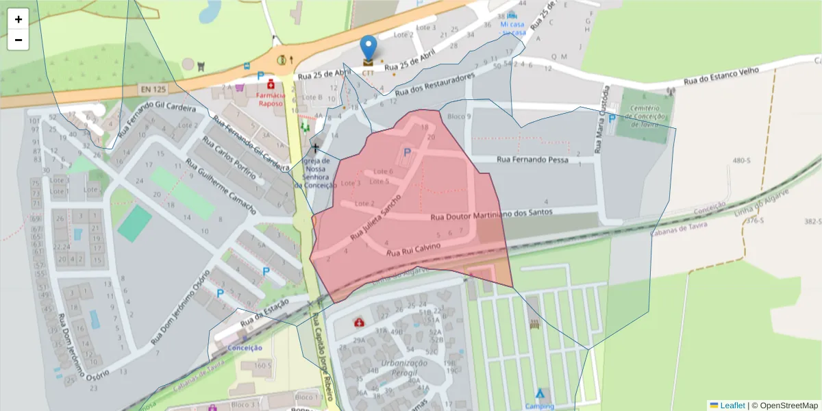 Mapa detalhado do código postal 8800-077 com limites, códigos postais vizinhos e agências dos correios