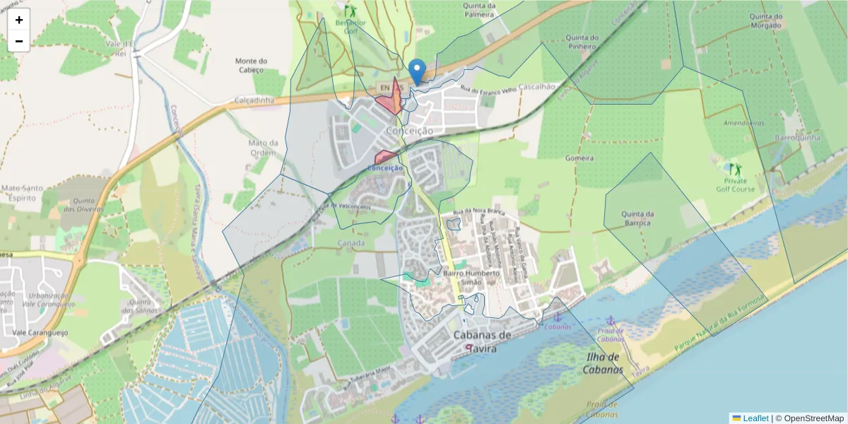 Mapa detalhado do código postal 8800-081 com limites, códigos postais vizinhos e agências dos correios