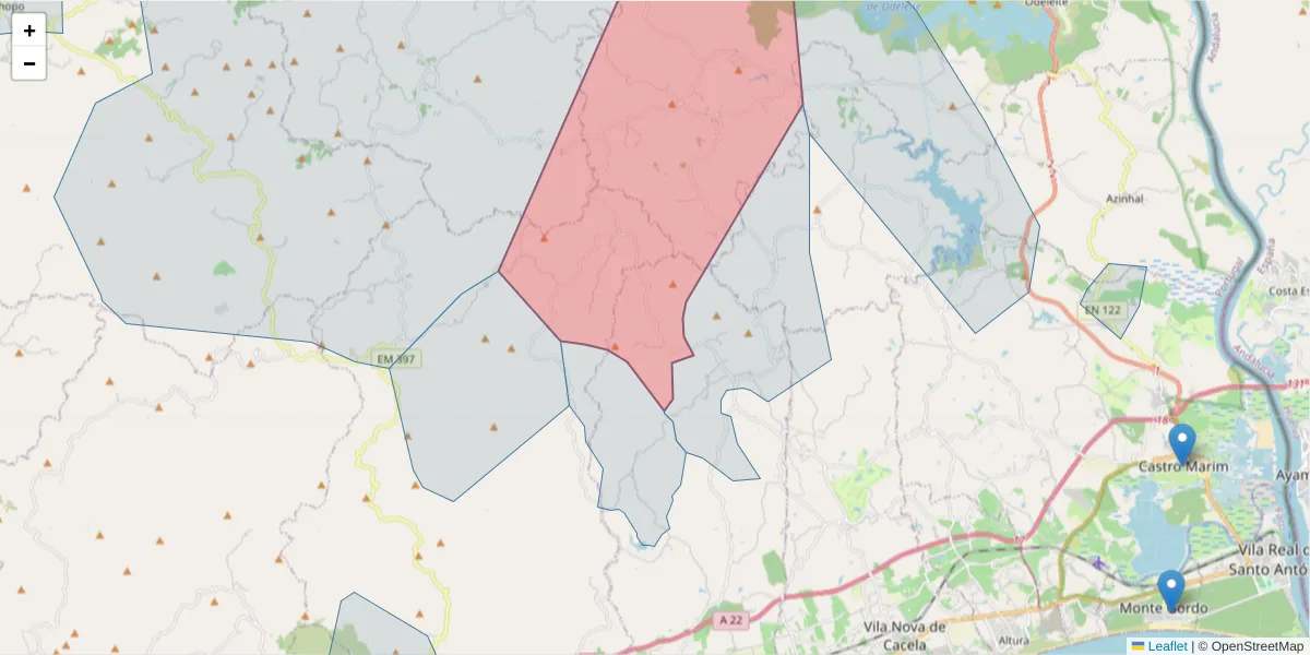 Mapa detalhado do código postal 8800-083 com limites, códigos postais vizinhos e agências dos correios