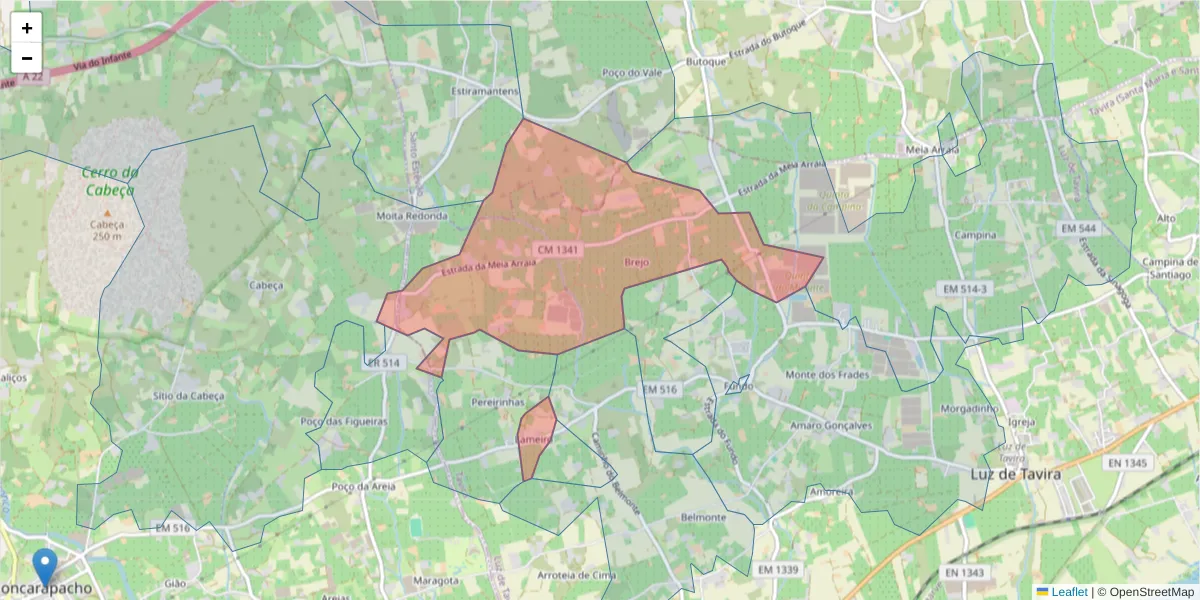 Mapa detalhado do código postal 8800-106 com limites, códigos postais vizinhos e agências dos correios