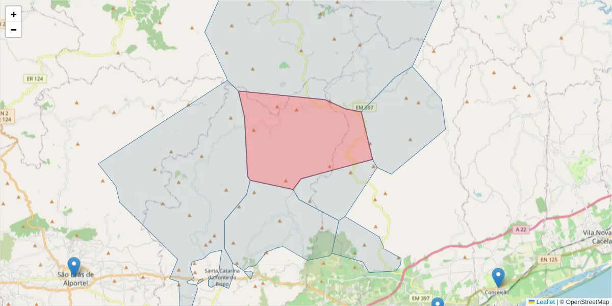 Mapa detalhado do código postal 8800-152 com limites, códigos postais vizinhos e agências dos correios