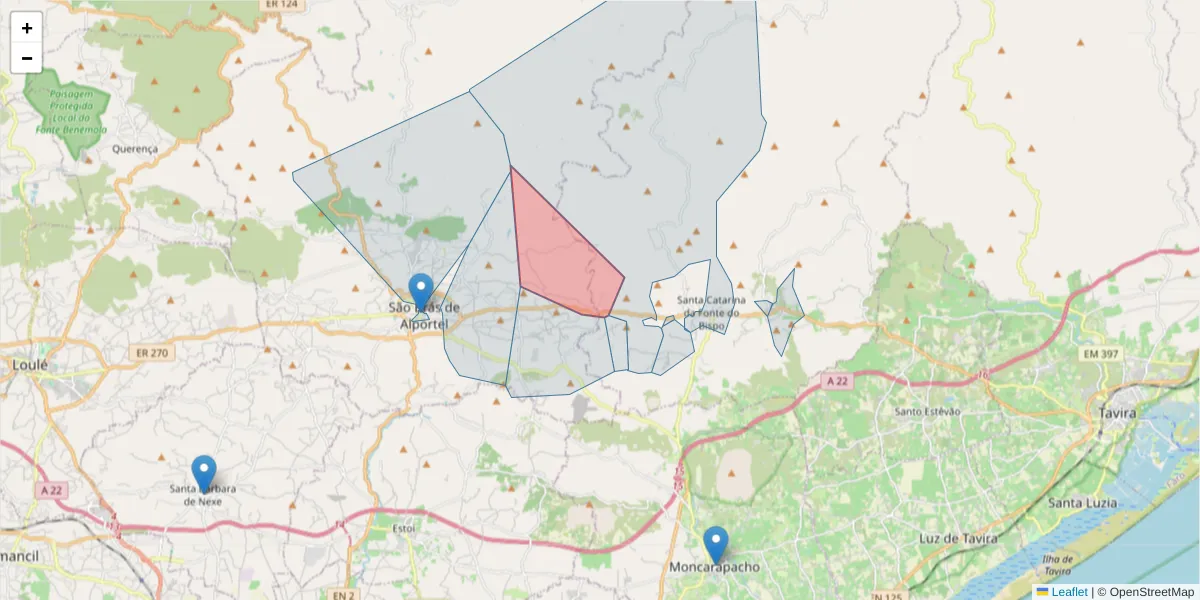 Mapa detalhado do código postal 8800-155 com limites, códigos postais vizinhos e agências dos correios