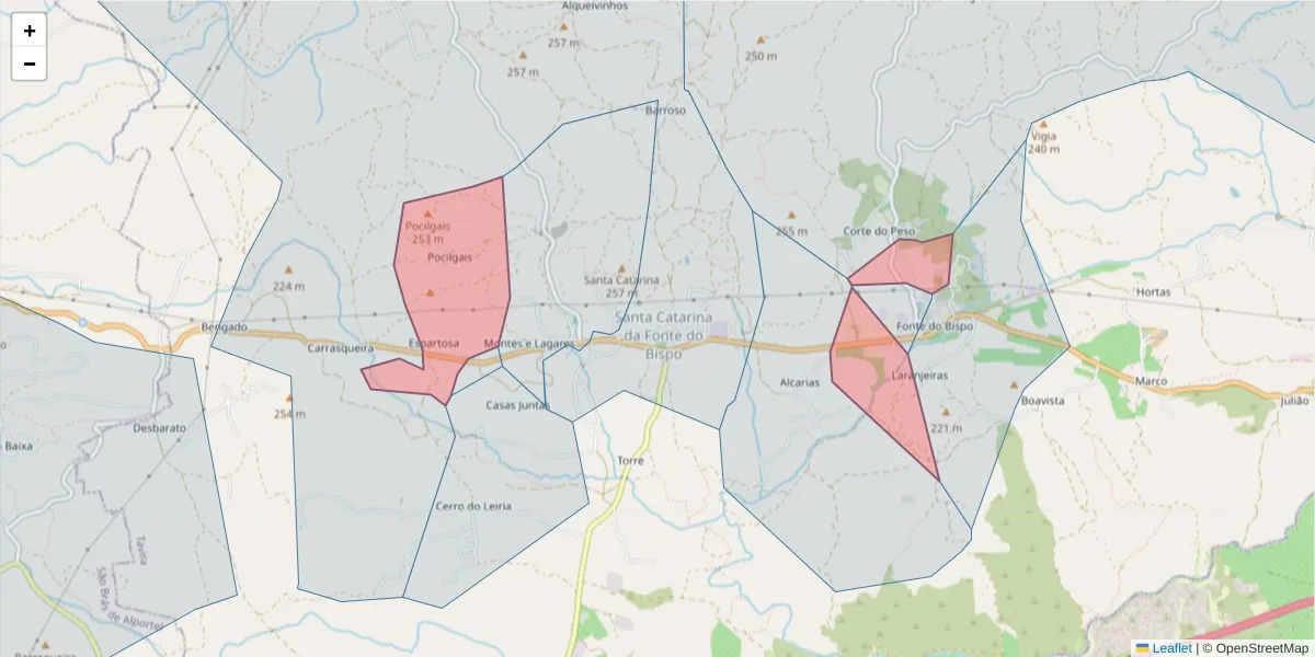 Mapa detalhado do código postal 8800-160 com limites, códigos postais vizinhos e agências dos correios
