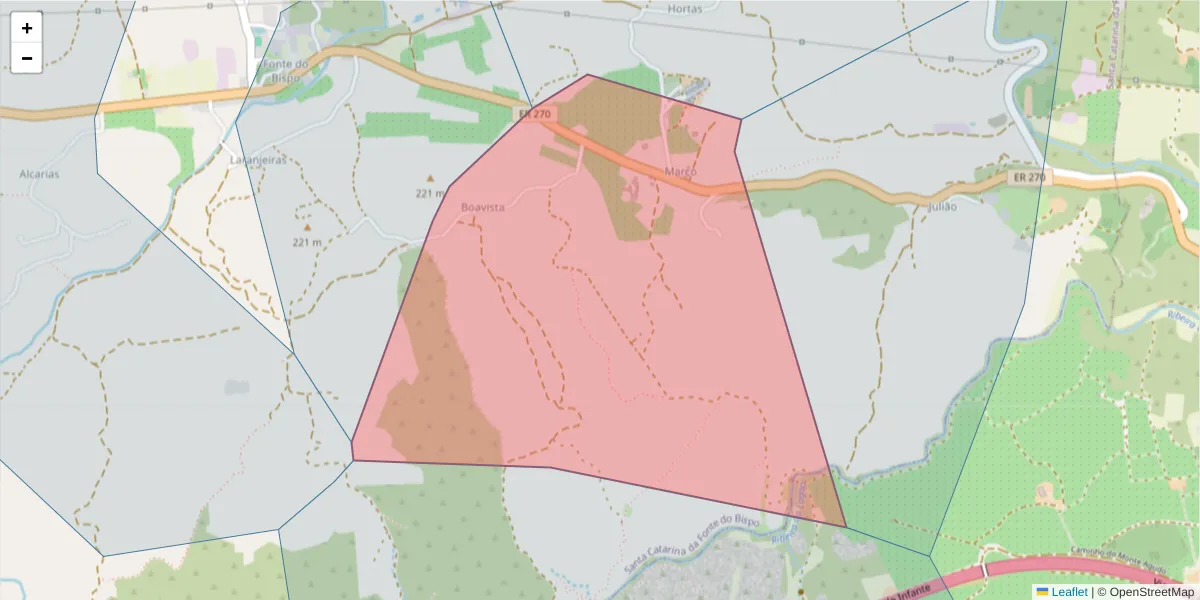 Mapa detalhado do código postal 8800-164 com limites, códigos postais vizinhos e agências dos correios