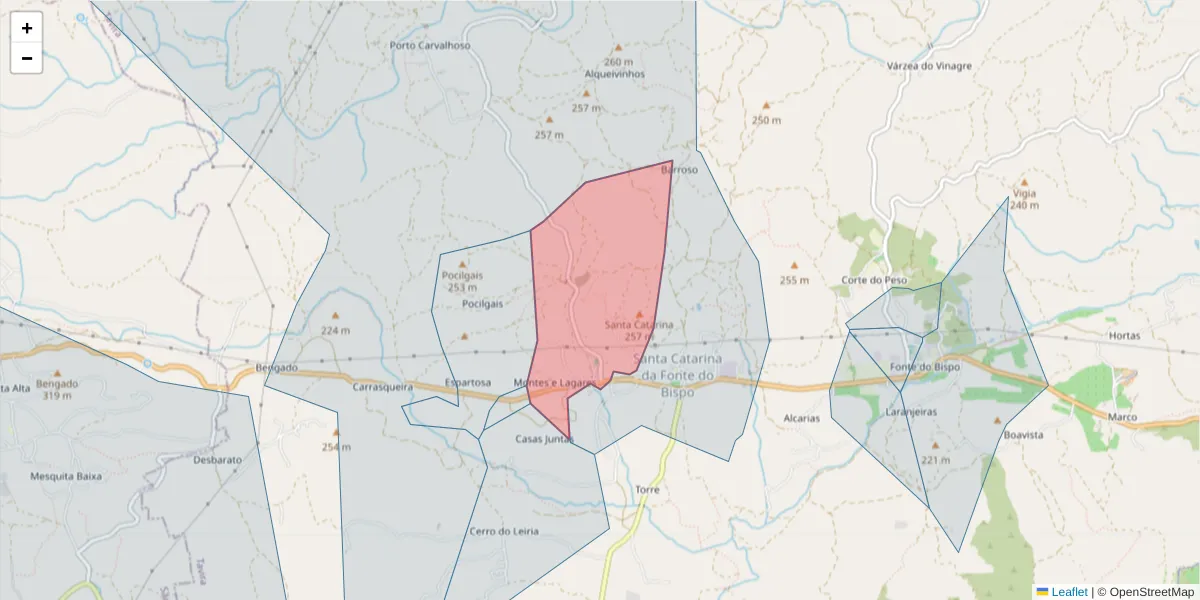 Mapa detalhado do código postal 8800-165 com limites, códigos postais vizinhos e agências dos correios