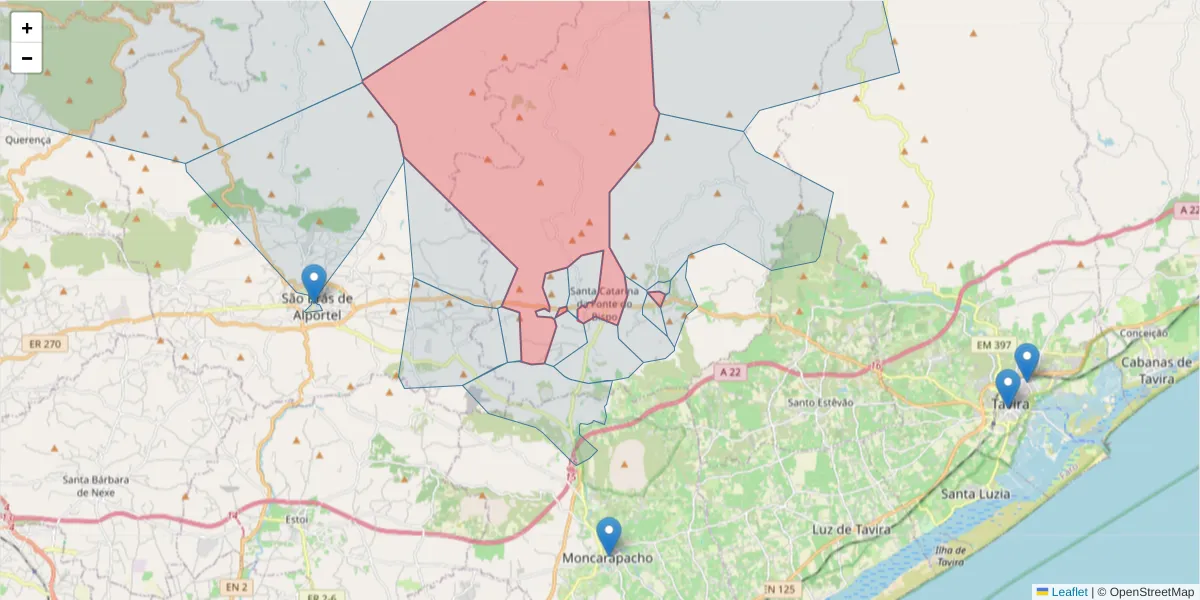 Mapa detalhado do código postal 8800-166 com limites, códigos postais vizinhos e agências dos correios