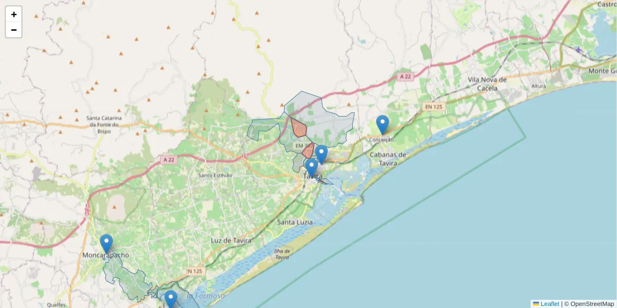 Mapa detalhado do código postal 8800-201 com limites, códigos postais vizinhos e agências dos correios