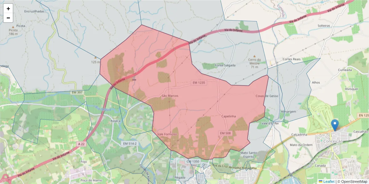 Mapa detalhado do código postal 8800-202 com limites, códigos postais vizinhos e agências dos correios