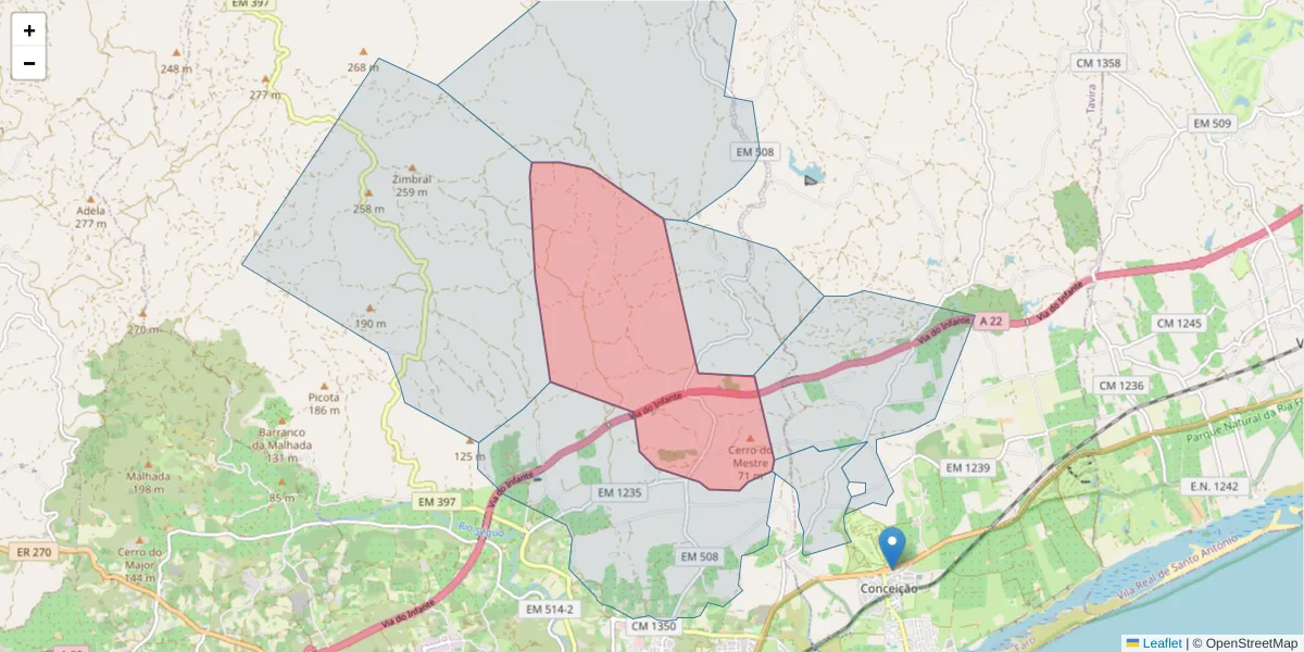 Mapa detalhado do código postal 8800-205 com limites, códigos postais vizinhos e agências dos correios