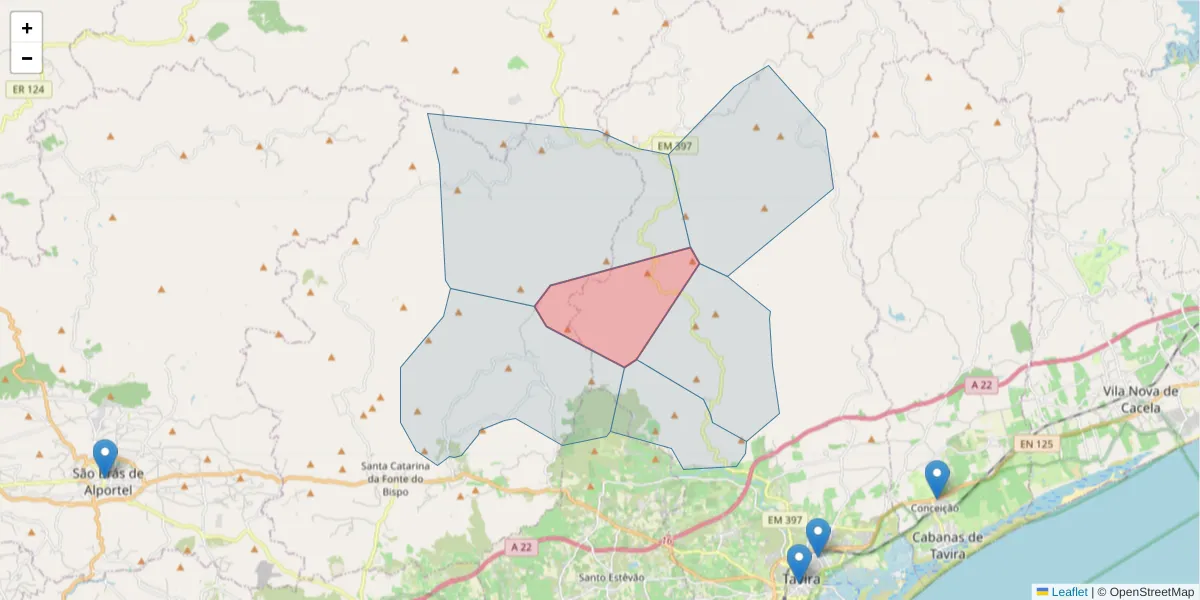 Mapa detalhado do código postal 8800-207 com limites, códigos postais vizinhos e agências dos correios