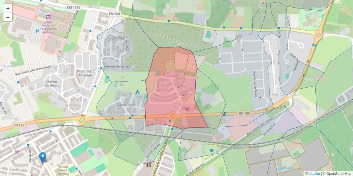 Mapa detalhado do código postal 8800-209 com limites, códigos postais vizinhos e agências dos correios