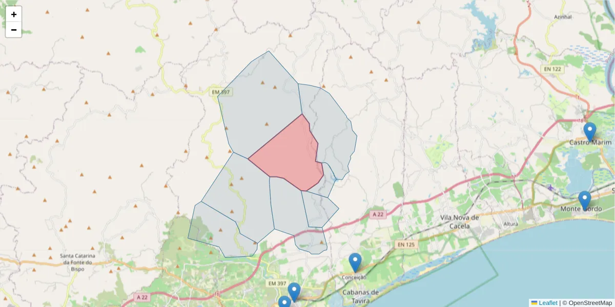 Mapa detalhado do código postal 8800-213 com limites, códigos postais vizinhos e agências dos correios