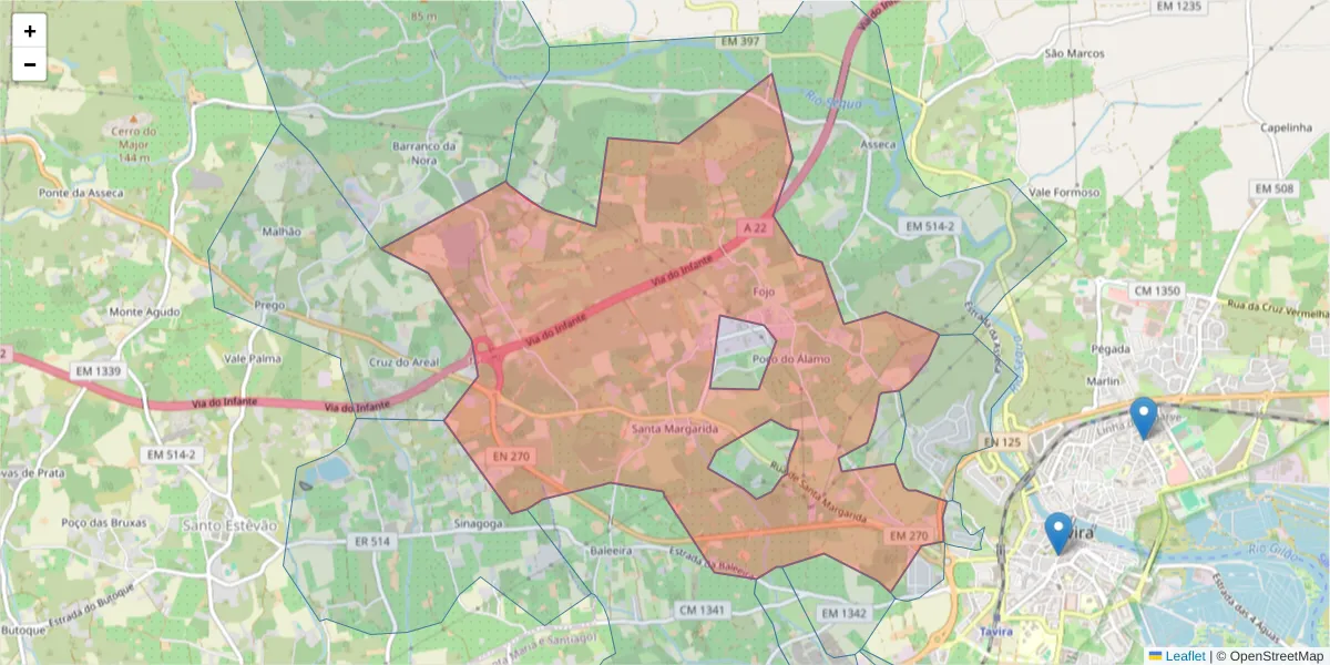 Mapa detalhado do código postal 8800-218 com limites, códigos postais vizinhos e agências dos correios
