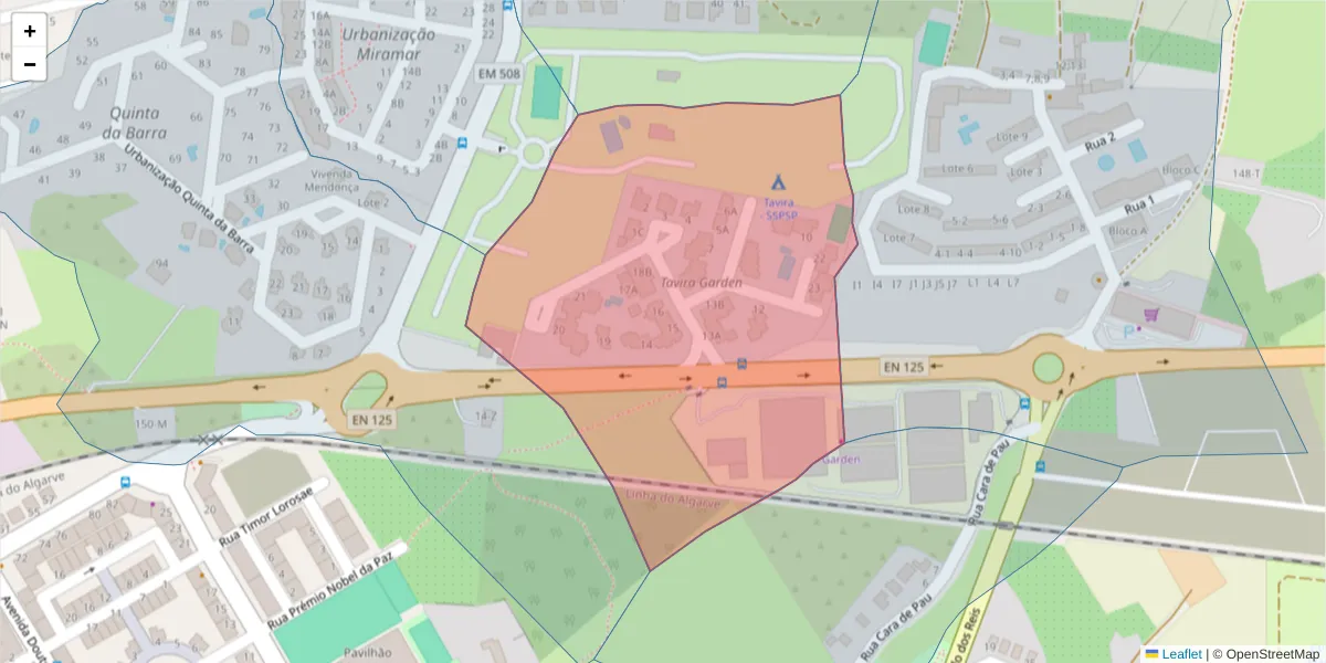 Mapa detalhado do código postal 8800-221 com limites, códigos postais vizinhos e agências dos correios