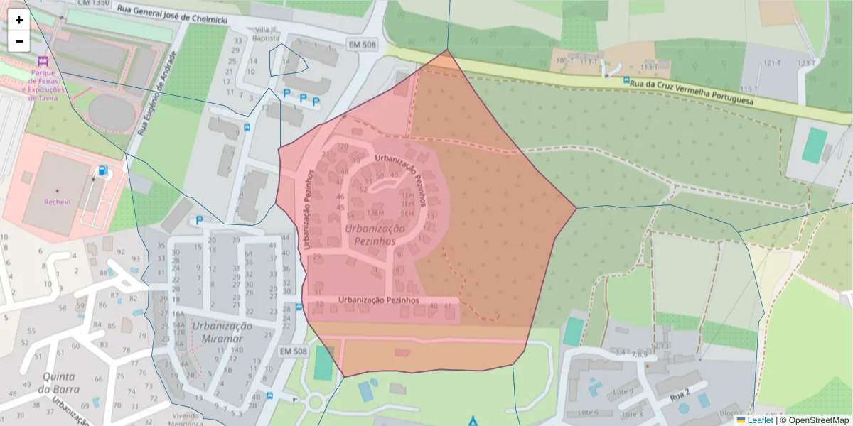 Mapa detalhado do código postal 8800-223 com limites, códigos postais vizinhos e agências dos correios