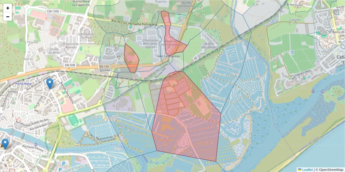 Mapa detalhado do código postal 8800-225 com limites, códigos postais vizinhos e agências dos correios