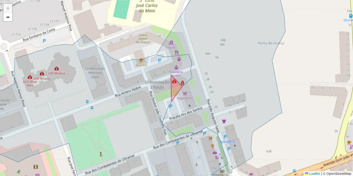 Mapa detalhado do código postal 8800-240 com limites, códigos postais vizinhos e agências dos correios