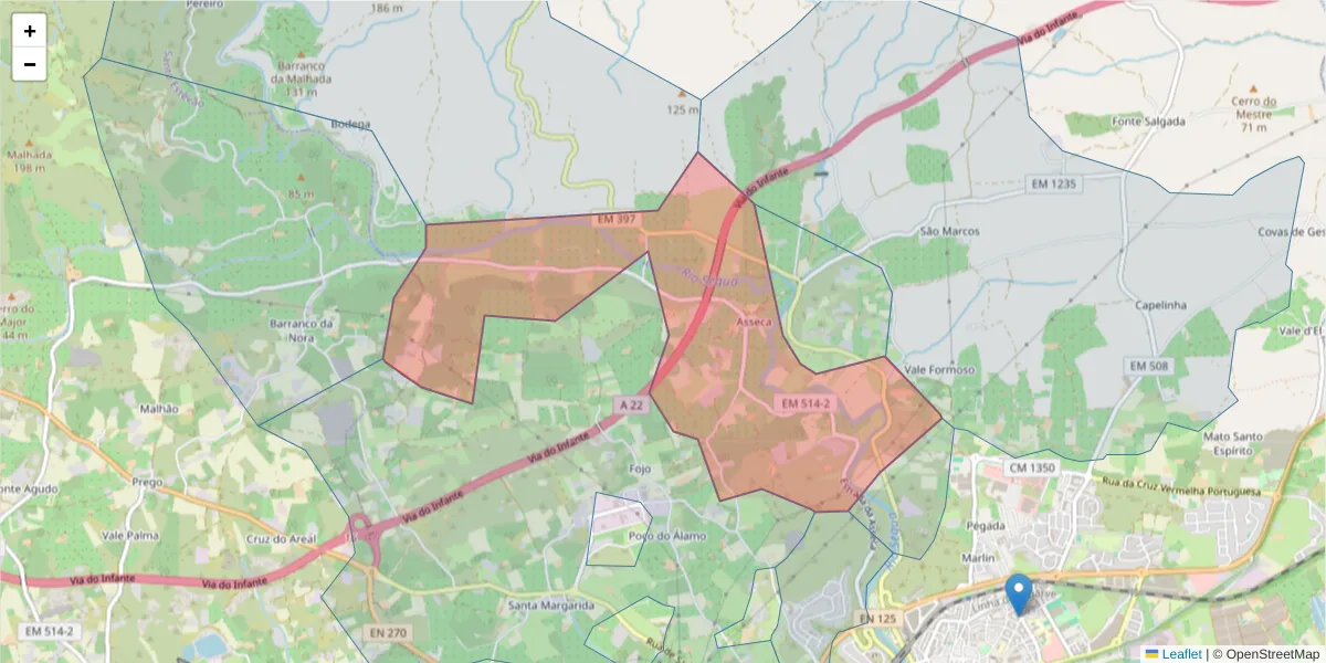 Mapa detalhado do código postal 8800-251 com limites, códigos postais vizinhos e agências dos correios