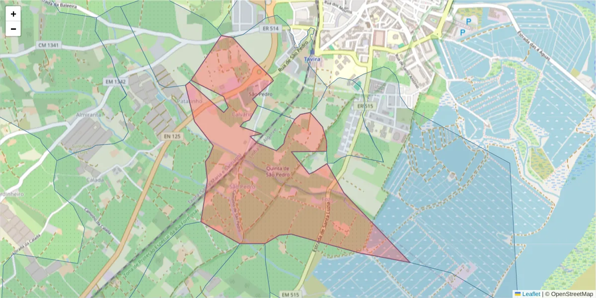 Mapa detalhado do código postal 8800-255 com limites, códigos postais vizinhos e agências dos correios