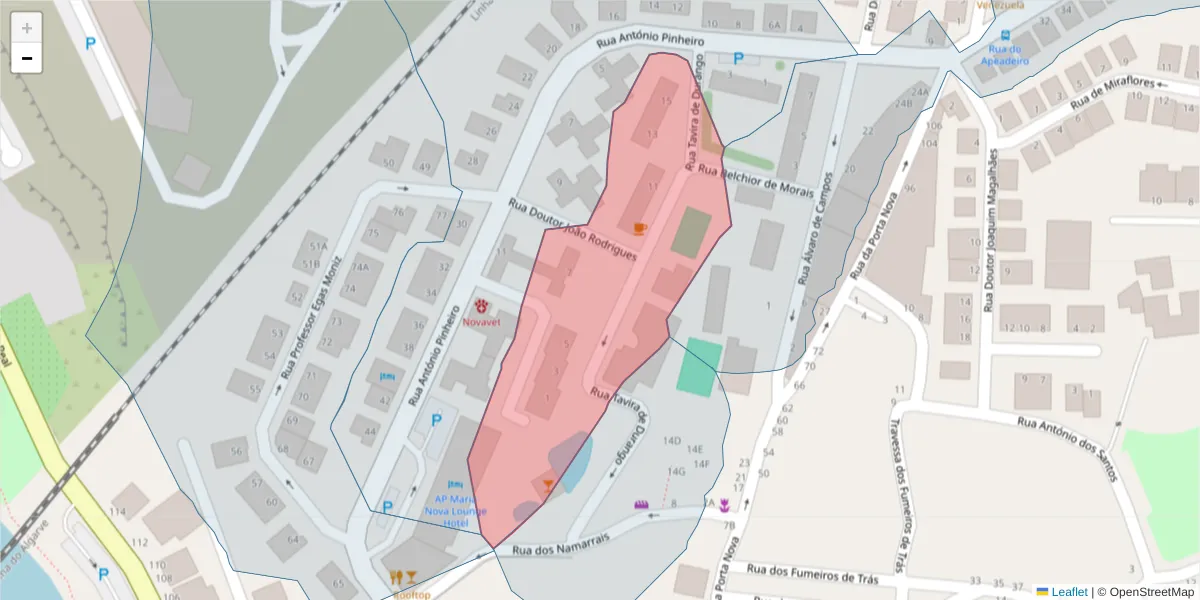 Mapa detalhado do código postal 8800-303 com limites, códigos postais vizinhos e agências dos correios