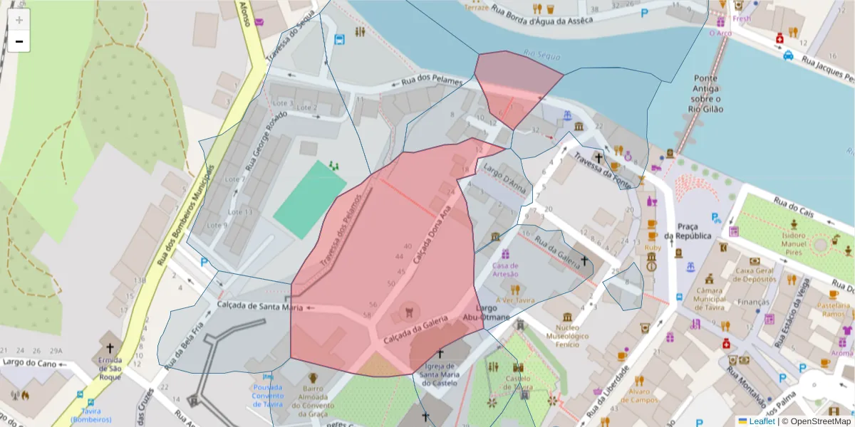 Mapa detalhado do código postal 8800-308 com limites, códigos postais vizinhos e agências dos correios