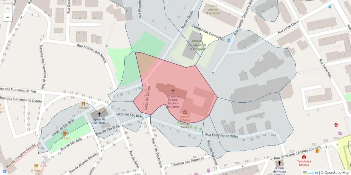 Mapa detalhado do código postal 8800-311 com limites, códigos postais vizinhos e agências dos correios