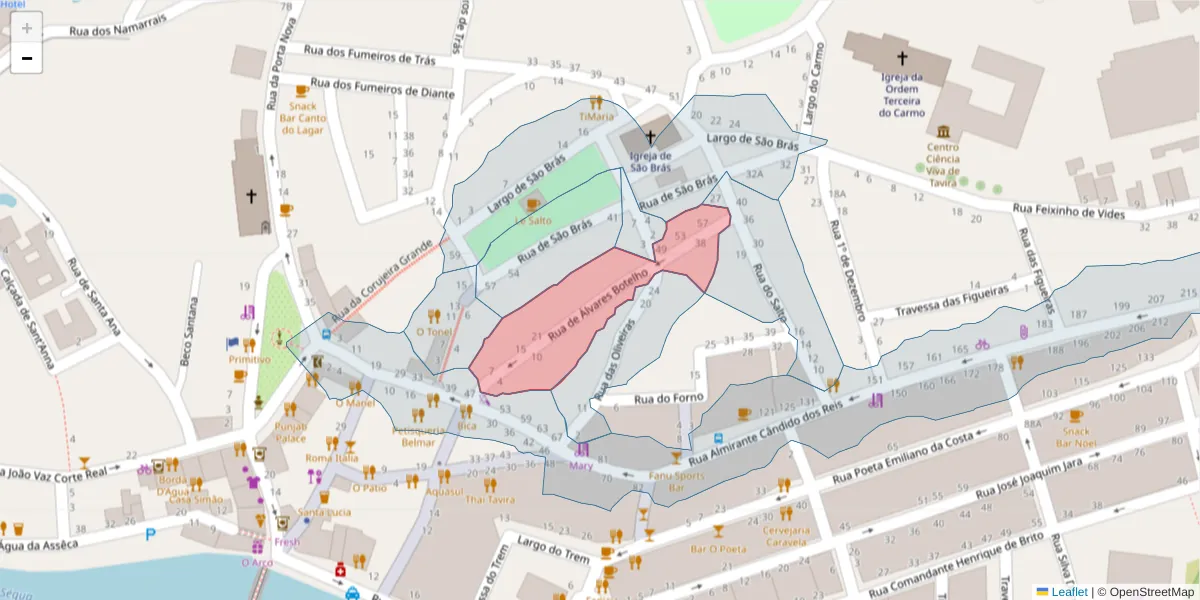 Mapa detalhado do código postal 8800-319 com limites, códigos postais vizinhos e agências dos correios