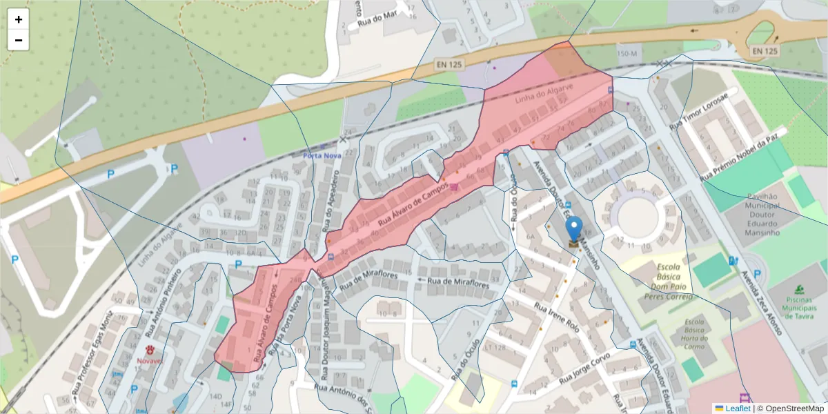 Mapa detalhado do código postal 8800-320 com limites, códigos postais vizinhos e agências dos correios