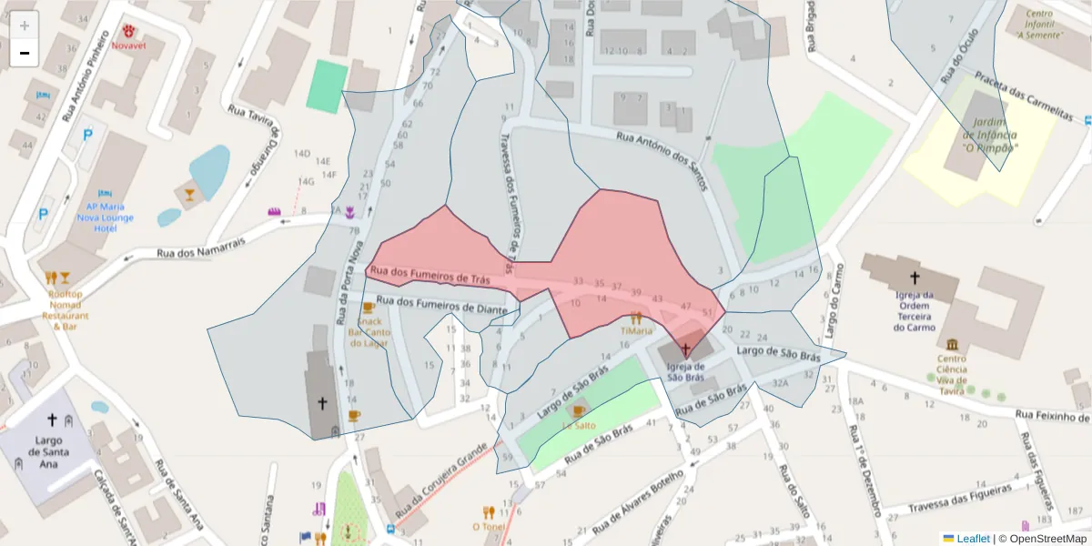 Mapa detalhado do código postal 8800-321 com limites, códigos postais vizinhos e agências dos correios