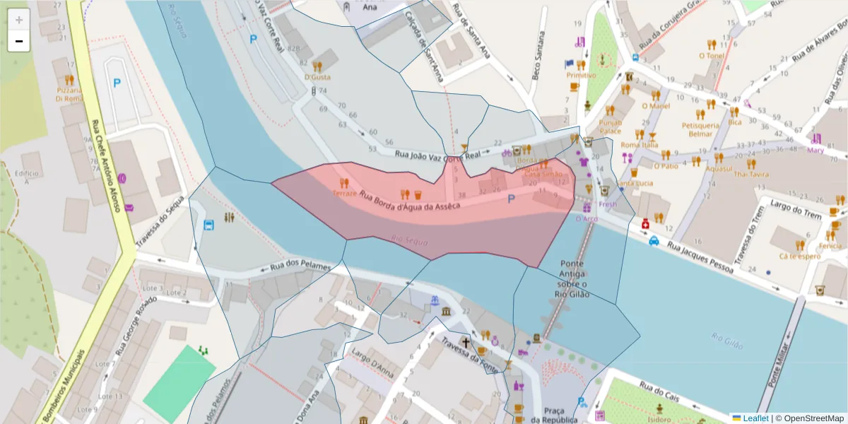 Mapa detalhado do código postal 8800-325 com limites, códigos postais vizinhos e agências dos correios