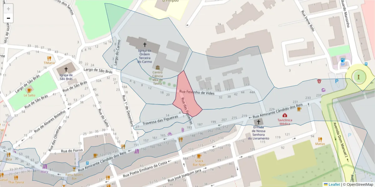 Mapa detalhado do código postal 8800-332 com limites, códigos postais vizinhos e agências dos correios
