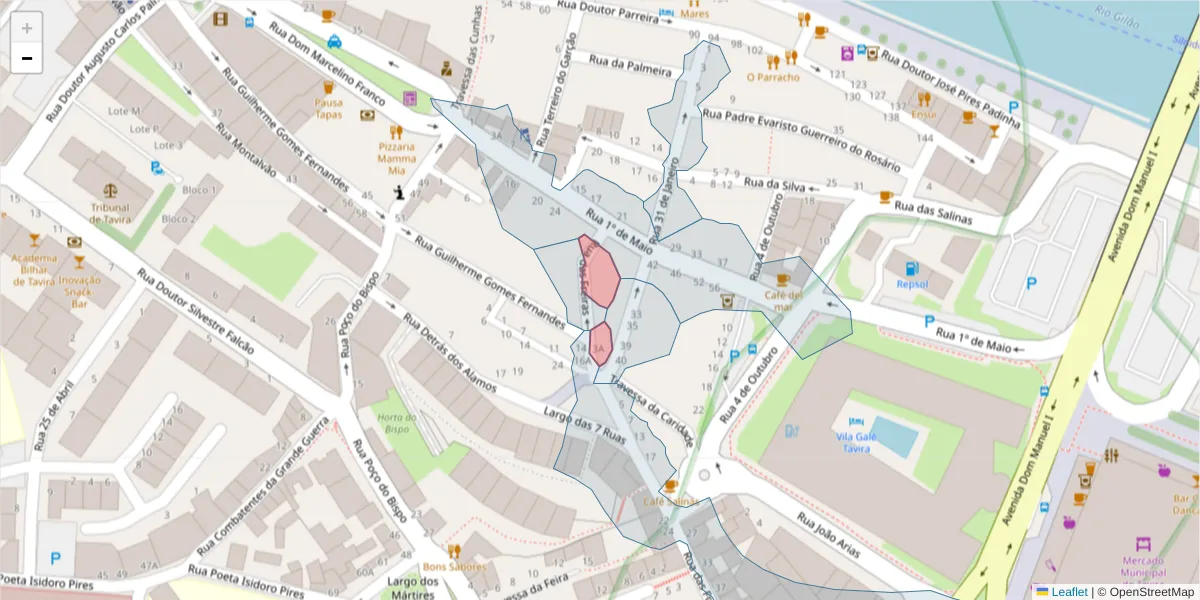 Mapa detalhado do código postal 8800-333 com limites, códigos postais vizinhos e agências dos correios