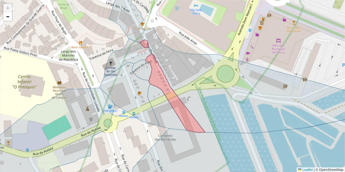 Mapa detalhado do código postal 8800-335 com limites, códigos postais vizinhos e agências dos correios