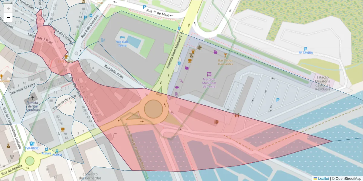 Mapa detalhado do código postal 8800-336 com limites, códigos postais vizinhos e agências dos correios