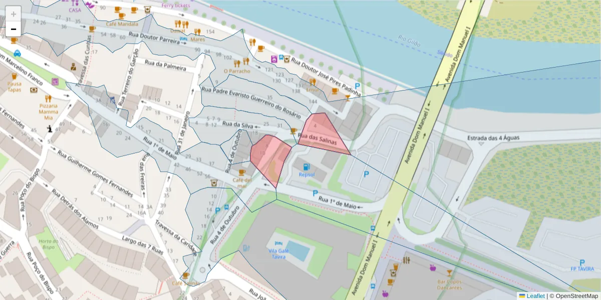 Mapa detalhado do código postal 8800-337 com limites, códigos postais vizinhos e agências dos correios