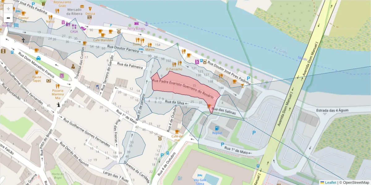 Mapa detalhado do código postal 8800-340 com limites, códigos postais vizinhos e agências dos correios