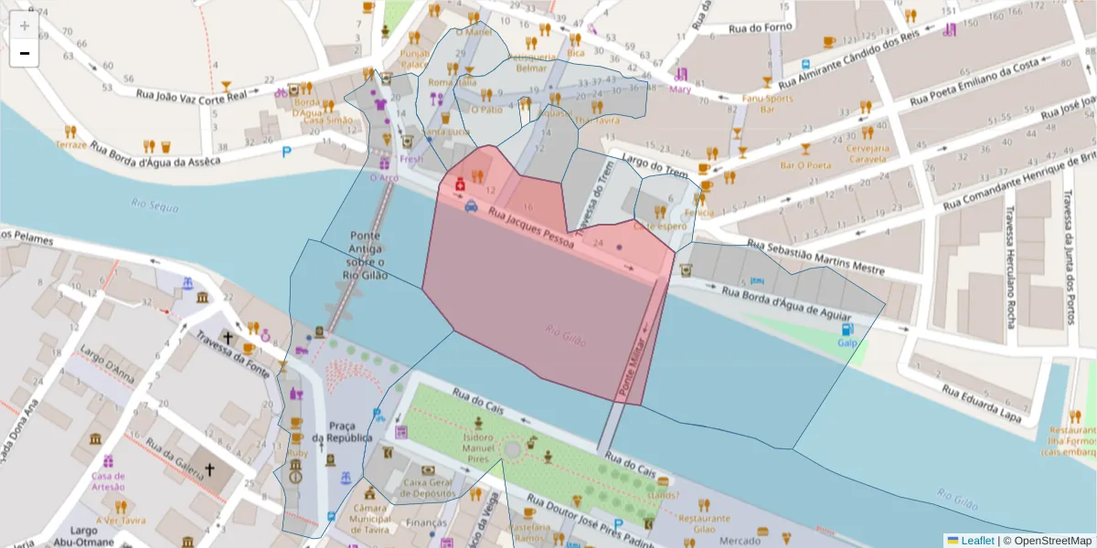 Mapa detalhado do código postal 8800-350 com limites, códigos postais vizinhos e agências dos correios