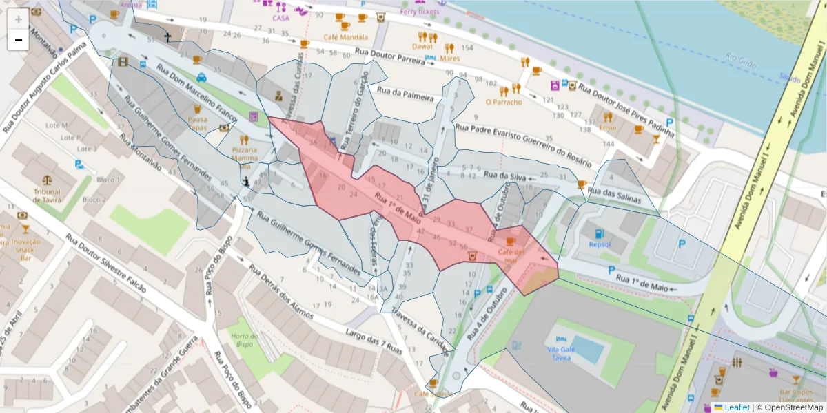 Mapa detalhado do código postal 8800-360 com limites, códigos postais vizinhos e agências dos correios